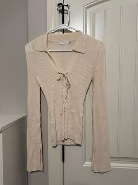 Ribbed Tie-Front Long Sleeve Top - Cream